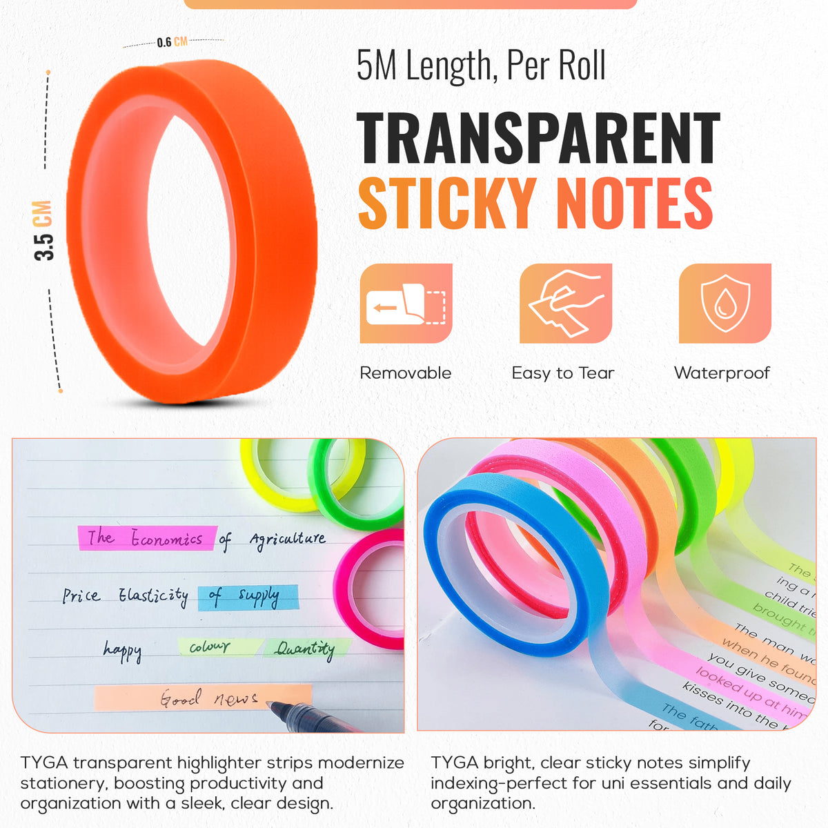 Transparent Highlighter Tape & Sticky Index Tabs, Removable Neon, Pack of 5