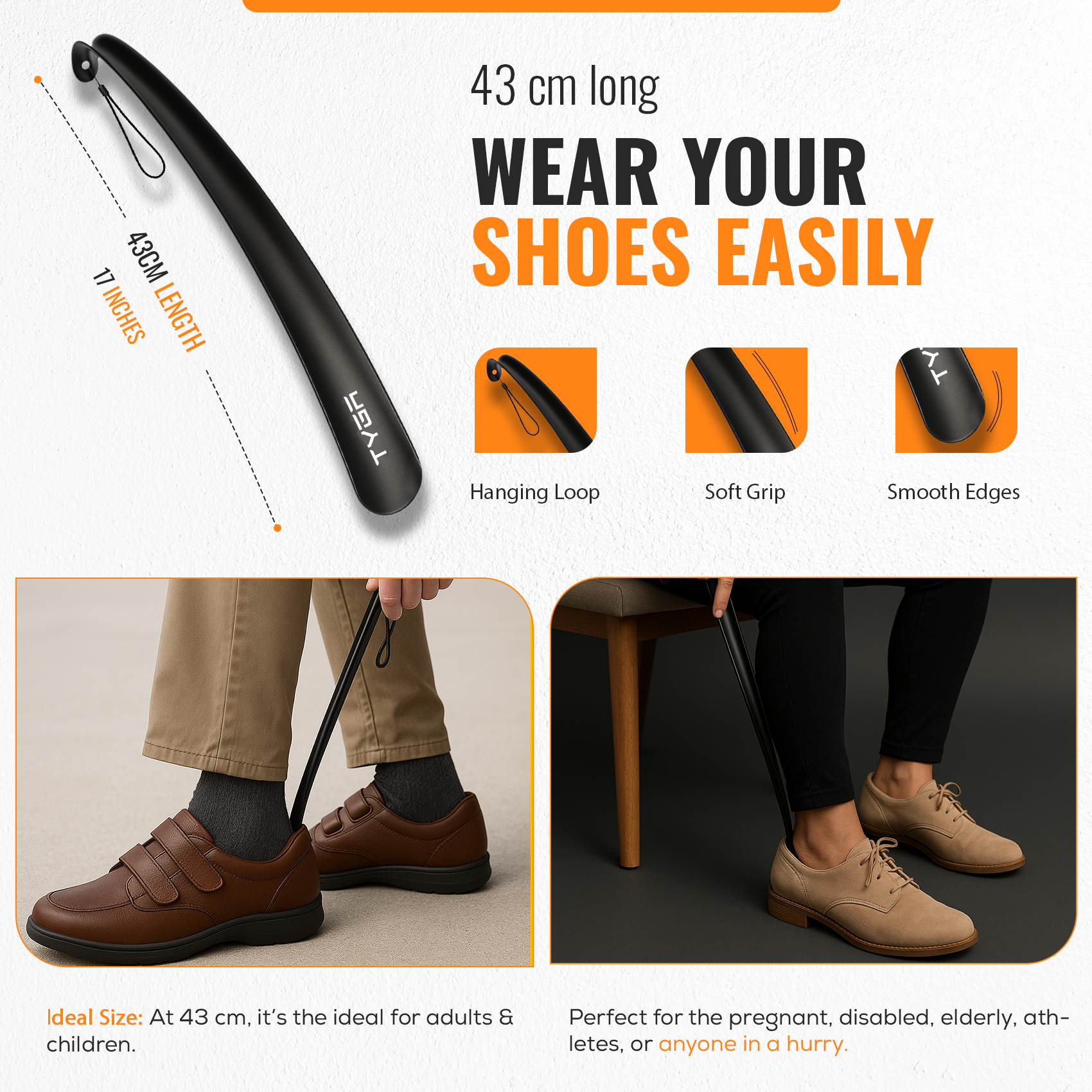 Plastic Shoe Horn Set, Snap Proof Flexible Design, 19cm & 43cm