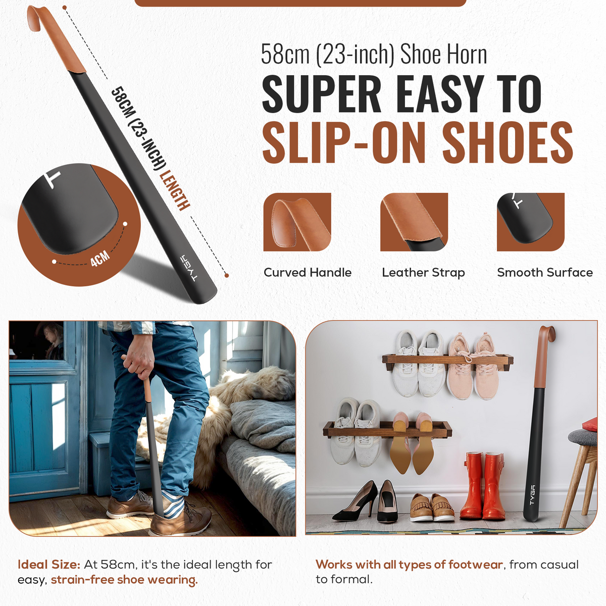 Extra Long Metal Shoe Horn with Leather Strap, 58cm