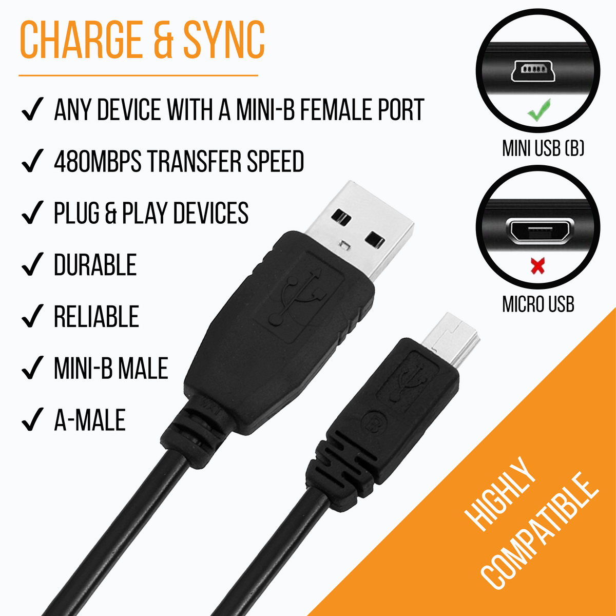 USB-A to Mini USB Cable, Sync & Charging