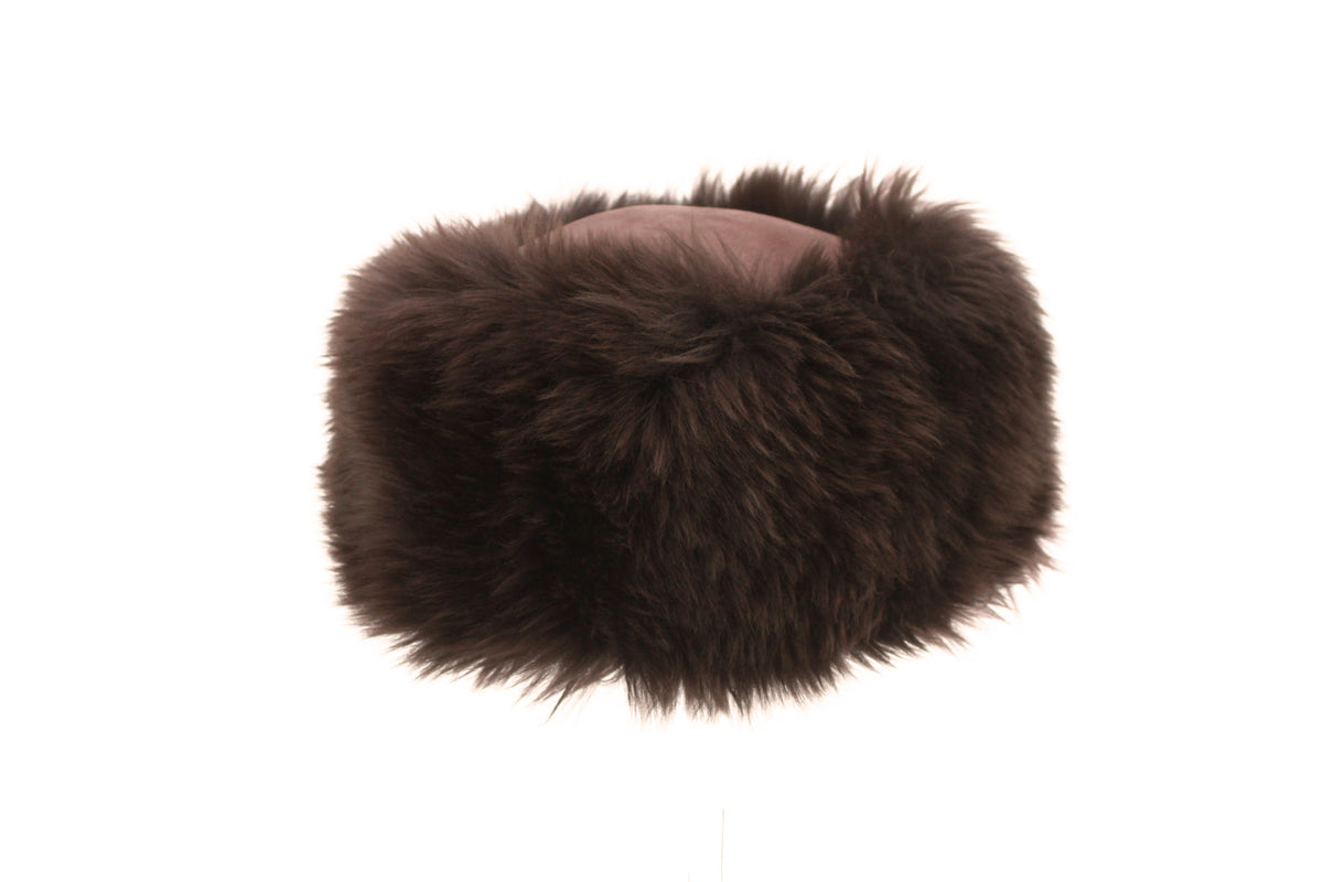 Truffle brown sheepskin cossack hat, plush fold-over crown with double-face fur.