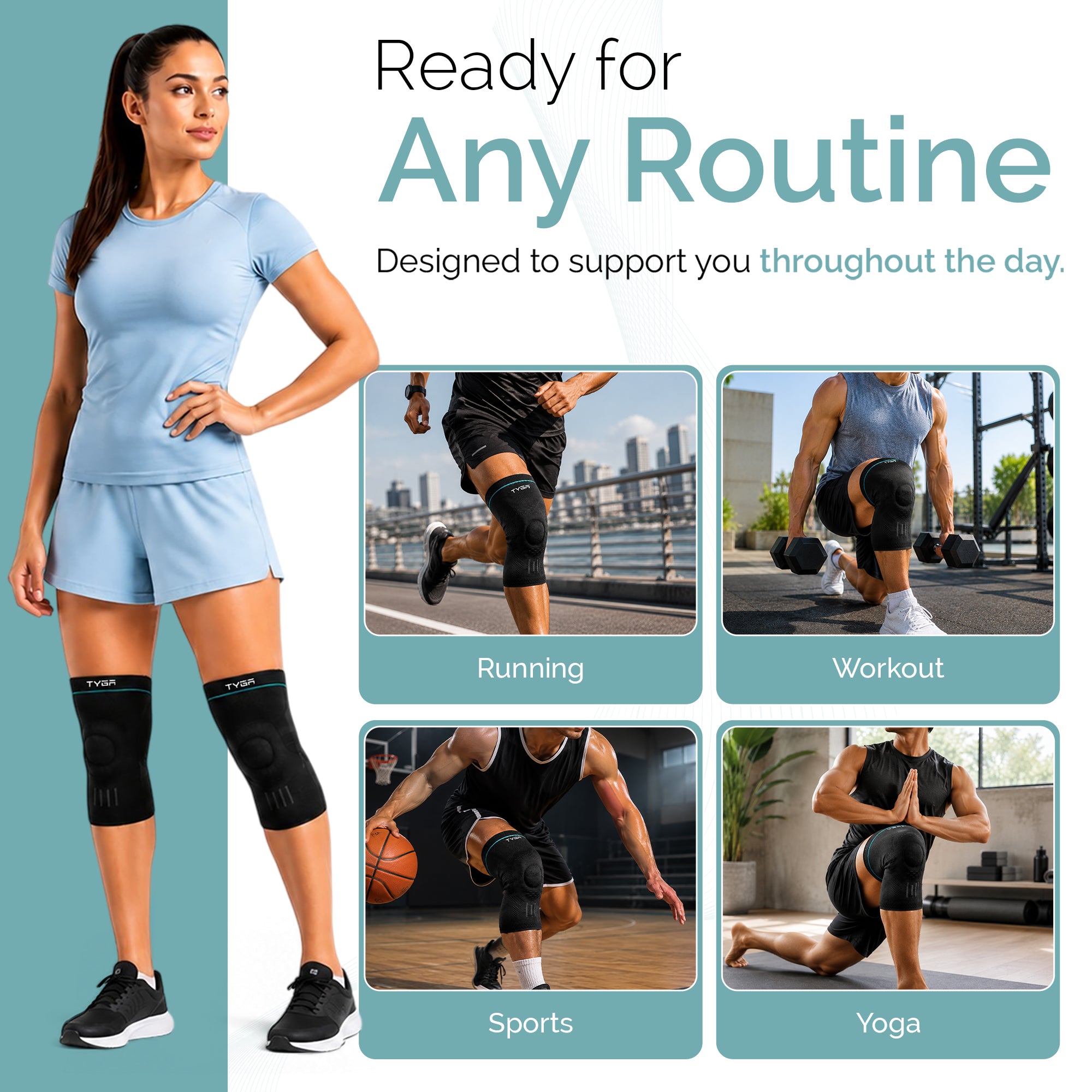 Adjustable Knee Support Sleeves, Breathable Straps, Dark Grey, 1 Pair