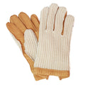 Tan leather driving gloves with crochet-knit back and ribbed cuff