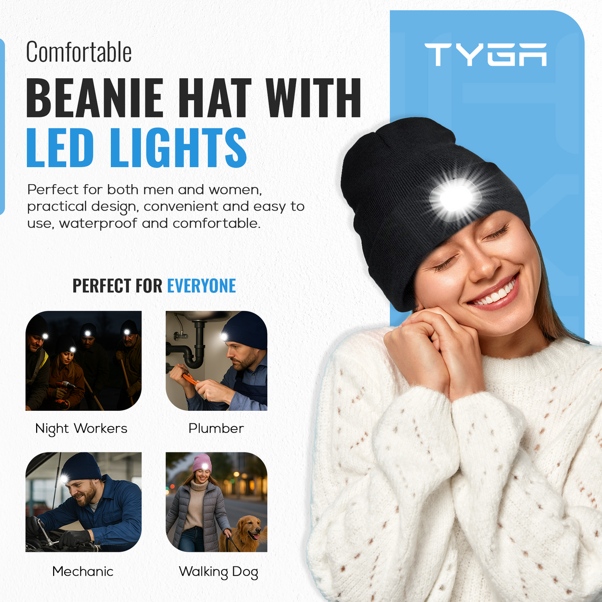 LED Beanie Hat, Rechargeable USB Light