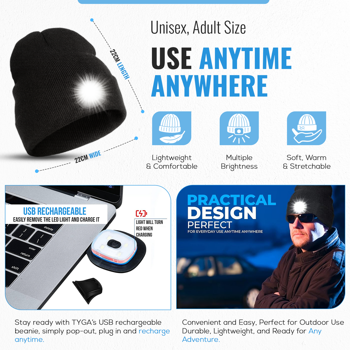 LED Beanie Hat, Rechargeable USB Light