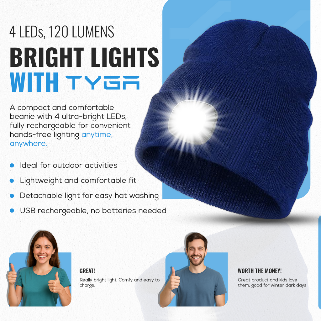 LED Beanie Hat, Rechargeable USB Light