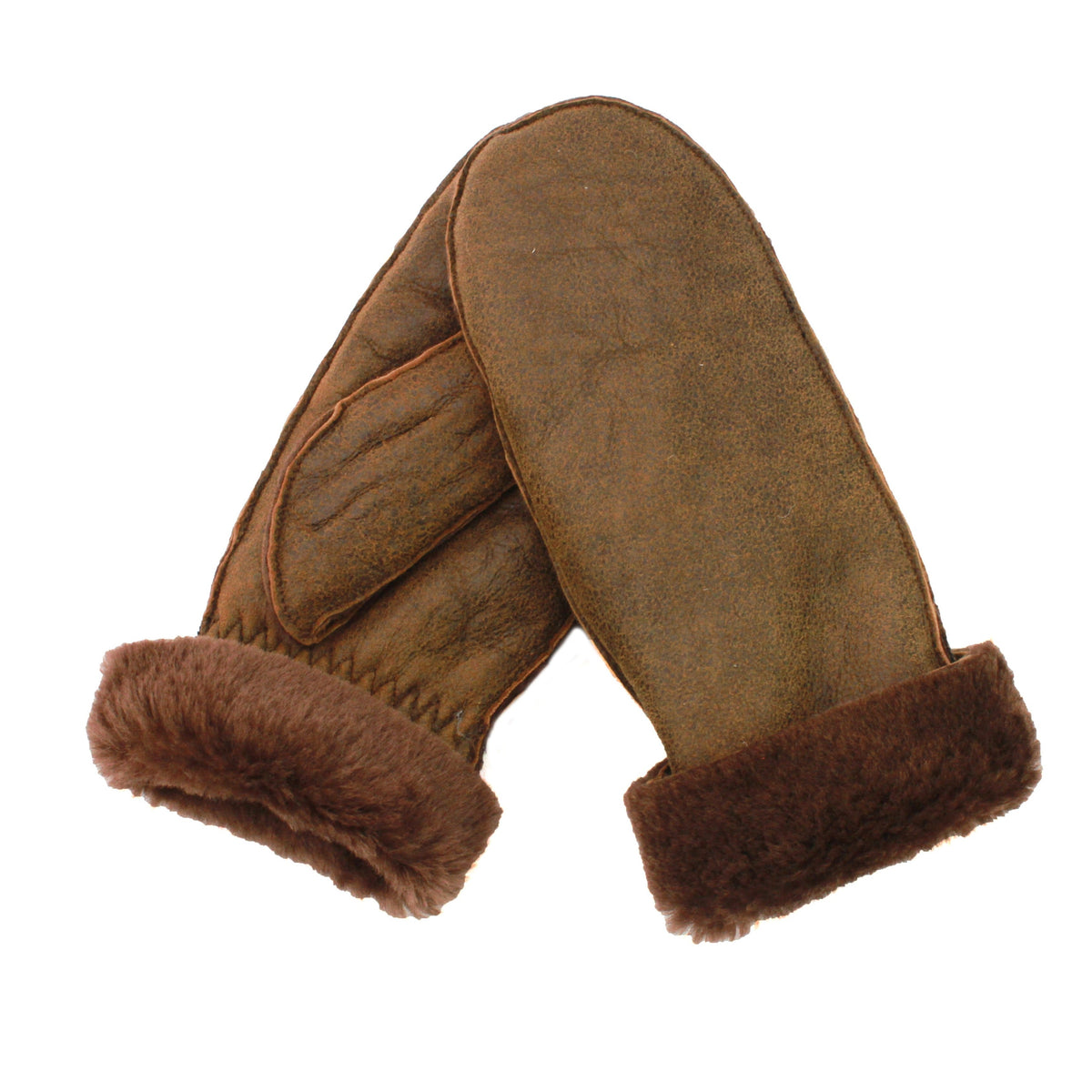 Russet sheepskin full hand mittens with elasticated cuffs and fuzzy lining