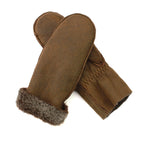 Sheepskin full hand mittens, dark rust brown suede, fuzzy shearling cuffs