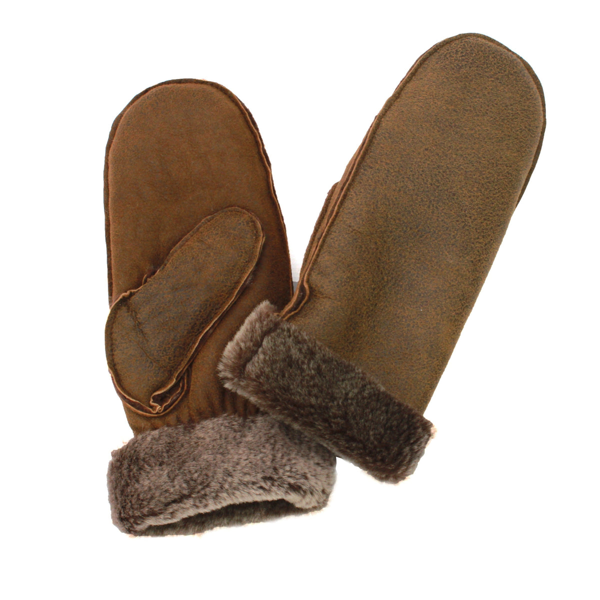 Sheepskin full hand mittens in dark rust brown with elasticized shearling cuff