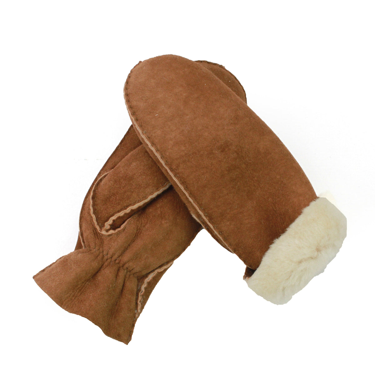 Tan sheepskin full hand mittens with cream faux-fur cuffs