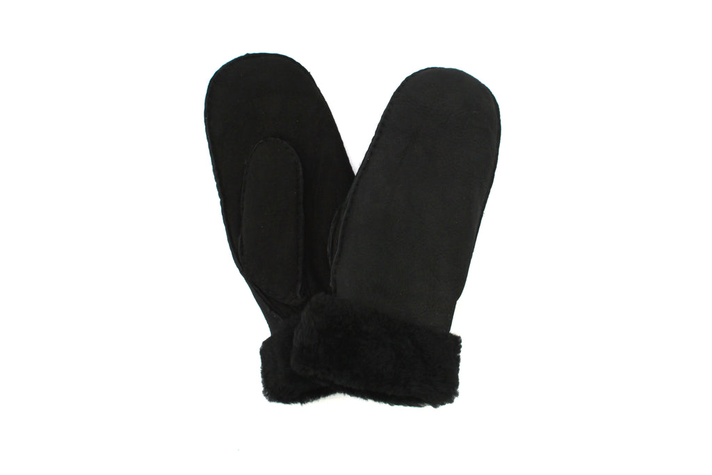 Sheepskin Full Hand Mittens, Elasticated Cuff, Black, 1 Pair