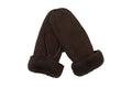 Brown sheepskin full hand mittens with elasticated cuff and fuzzy trim