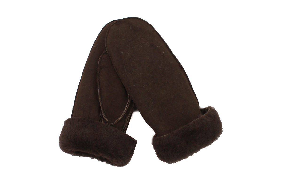 Brown sheepskin full hand mittens with elasticated cuff and fuzzy trim