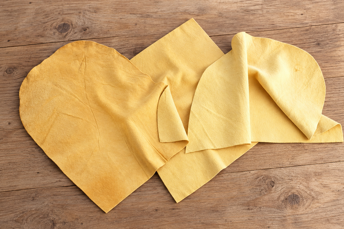 Assorted natural chamois leather cuts, tan irregular pieces arranged on board