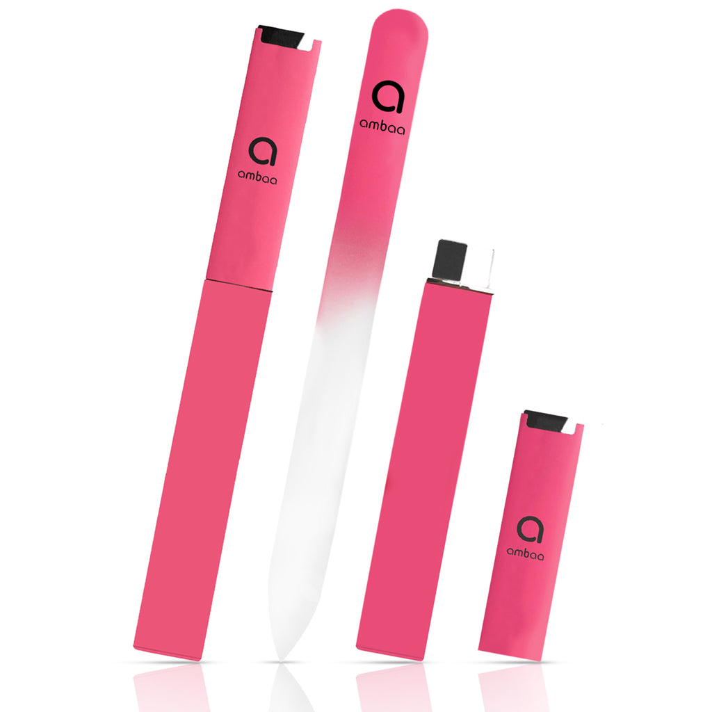 Glass Nail File with Case, Double Sided Precision Filing, Hot Pink