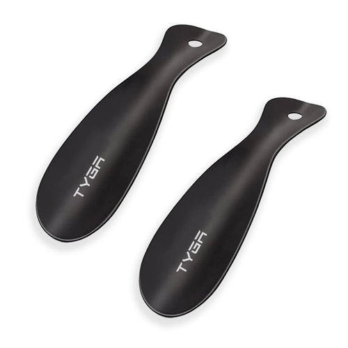 Two black metal shoe horns, each with oval hanging hole and TYGA logo