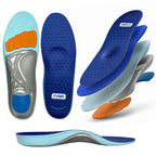 Assorted views of blue and grey insoles with orange heel and forefoot cushioning