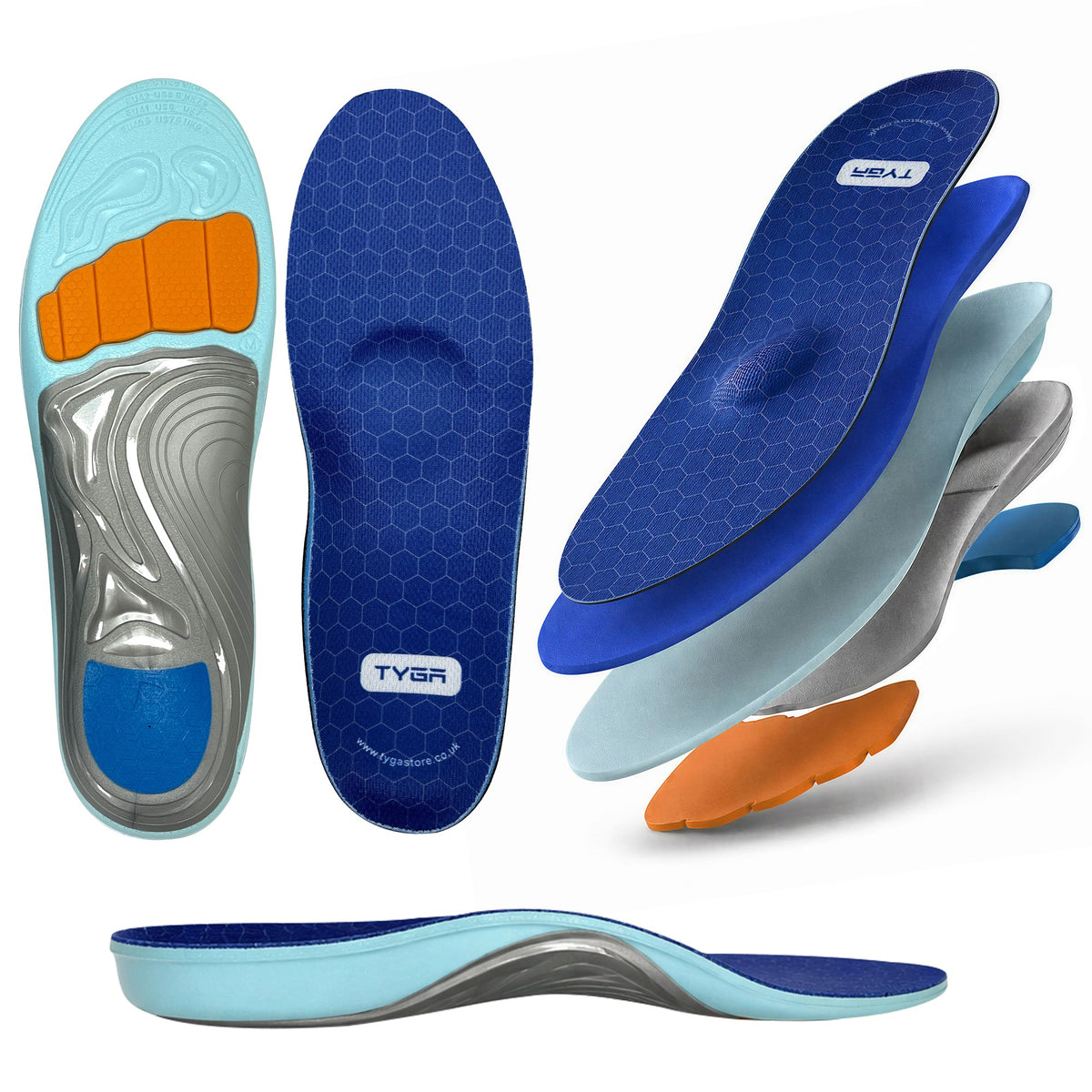 Assorted views of blue and grey insoles with orange heel and forefoot cushioning