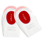 Red silicone gel heel cups, contoured inserts in a clear holder (1 pair)