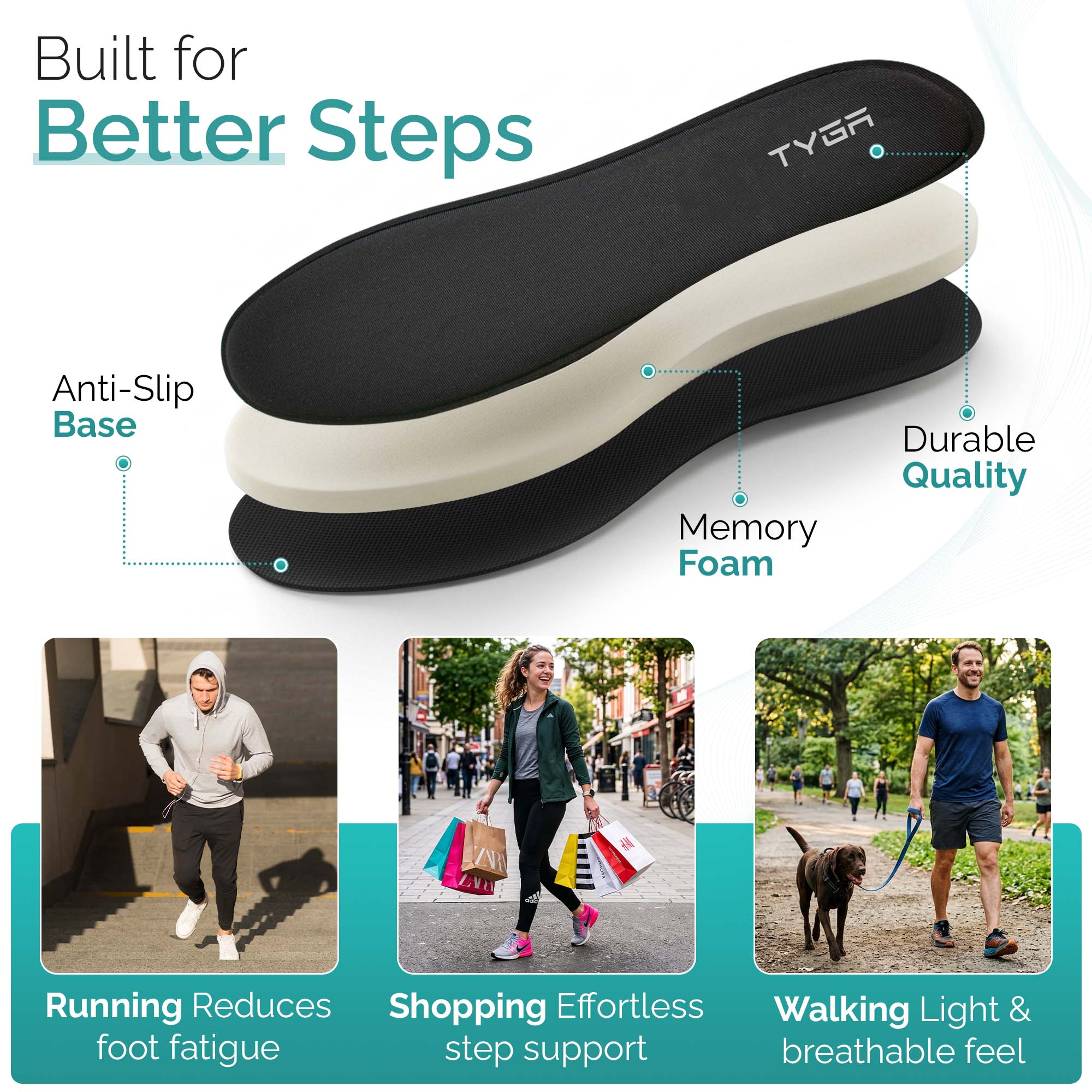 Memory Foam Insoles, Cushioned Comfort Shoe Inserts, Black