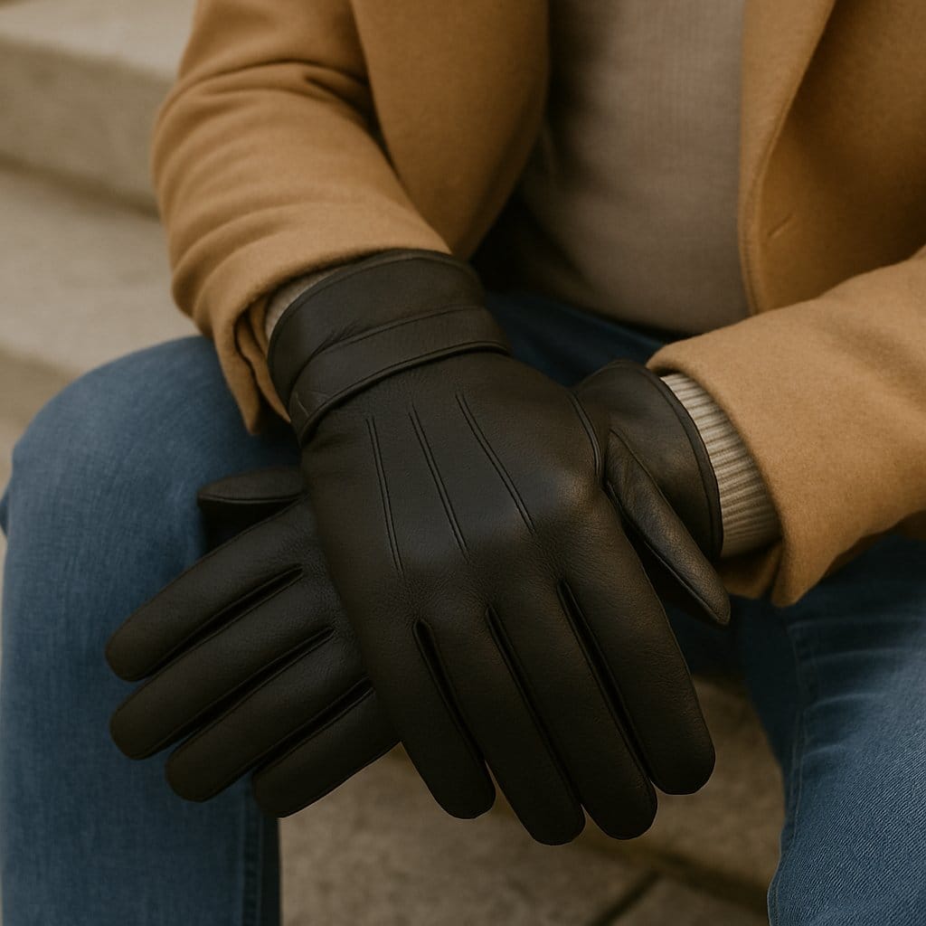 Genuine Leather Gloves for Men, Stud Strap with 3-Point Stitch Detail