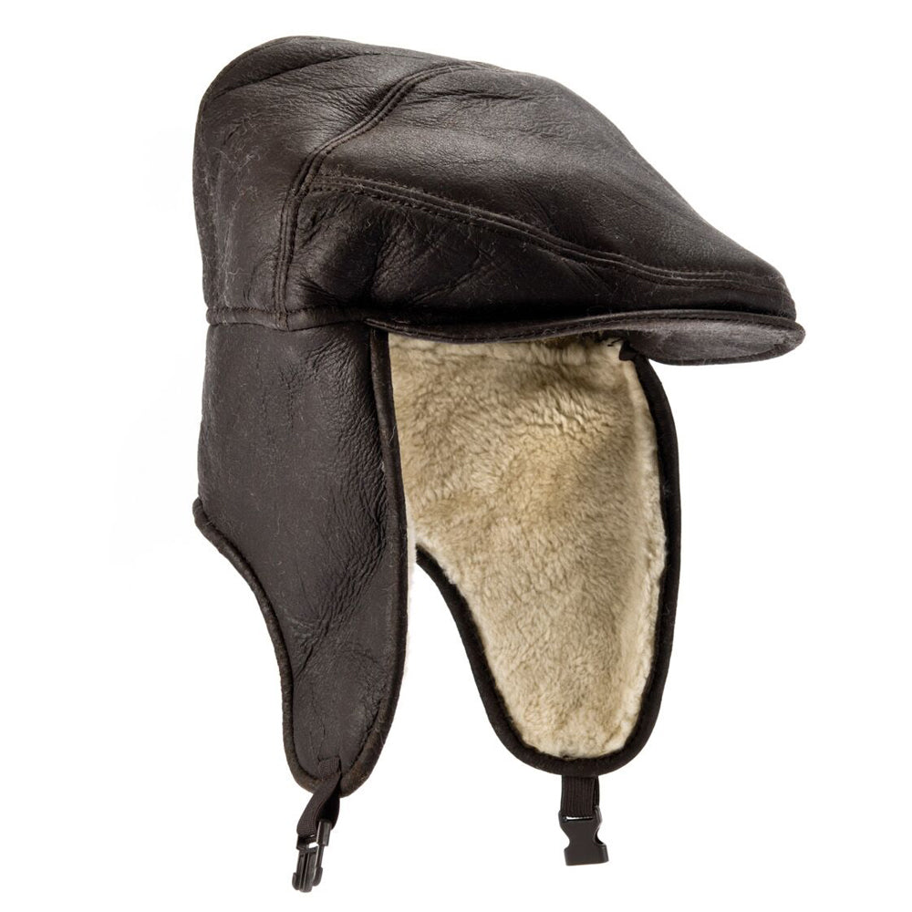 Sheepskin Aviator Cap, Ear Flaps & Clasp, Brown