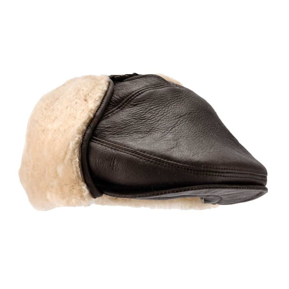 Sheepskin Aviator Cap, Ear Flaps & Clasp, Brown