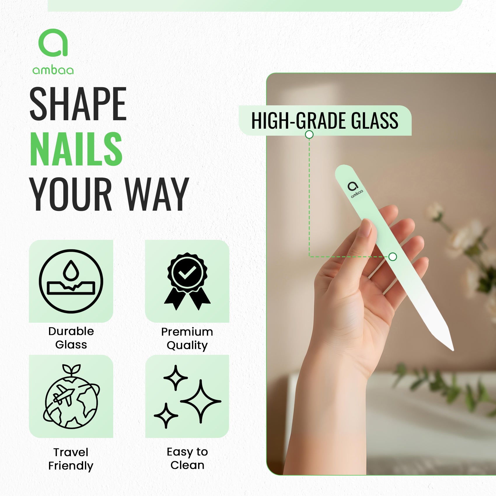Glass Nail File with Case, Double Sided Precision Filing, Pastel Green