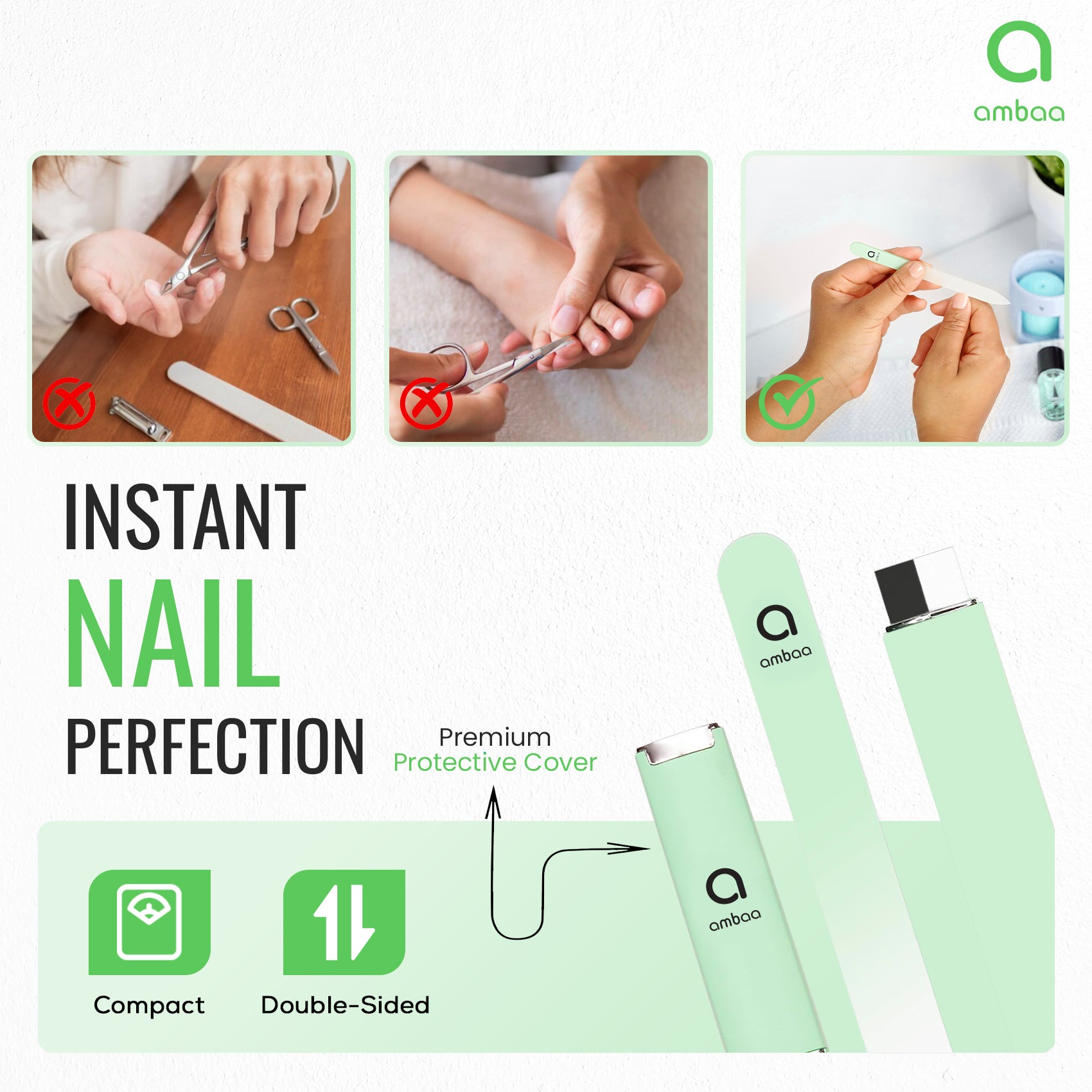 Glass Nail File with Case, Double Sided Precision Filing, Pastel Green