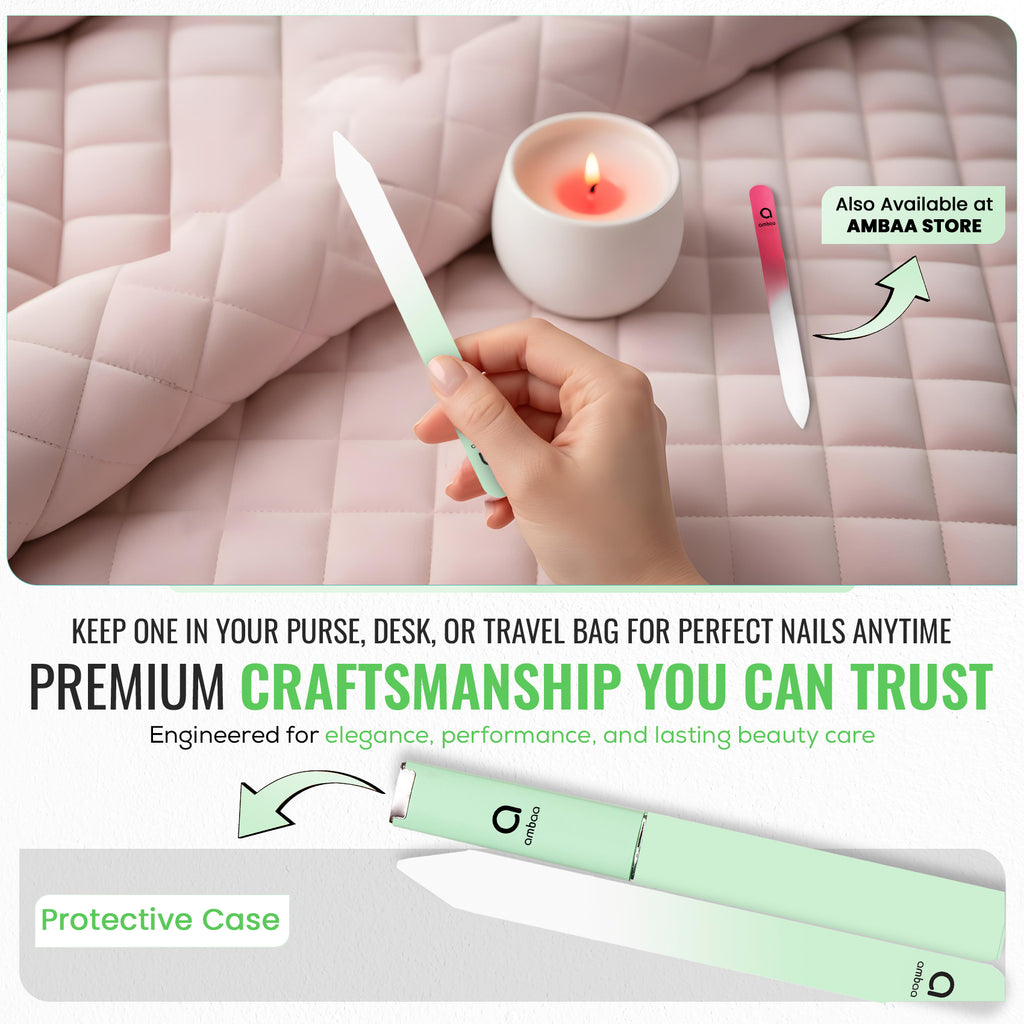 Glass Nail File with Case, Double Sided Precision Filing, Pastel Green