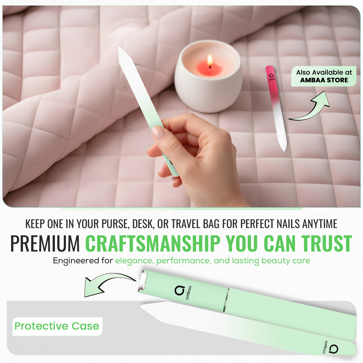 Glass Nail File with Case, Double Sided Precision Filing, Pastel Green