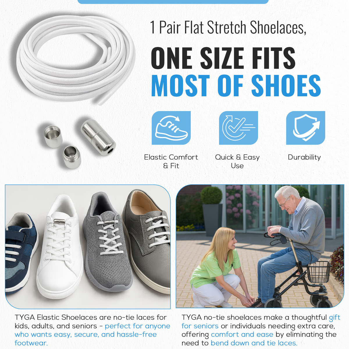 Elastic No-Tie Shoelaces, Easy Slip-On Fit, 1 Pair