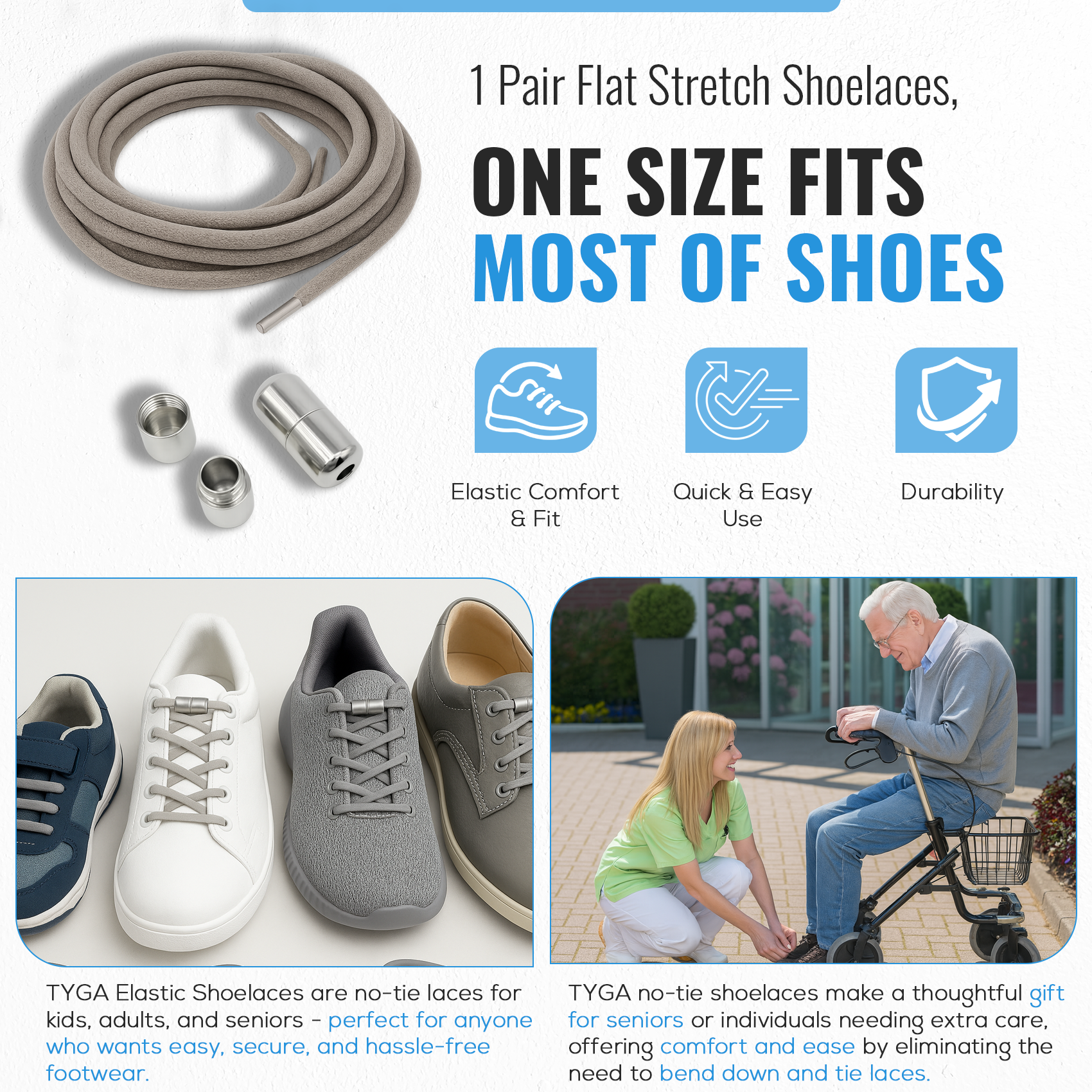 Elastic No-Tie Shoelaces, Easy Slip-On Fit, 1 Pair