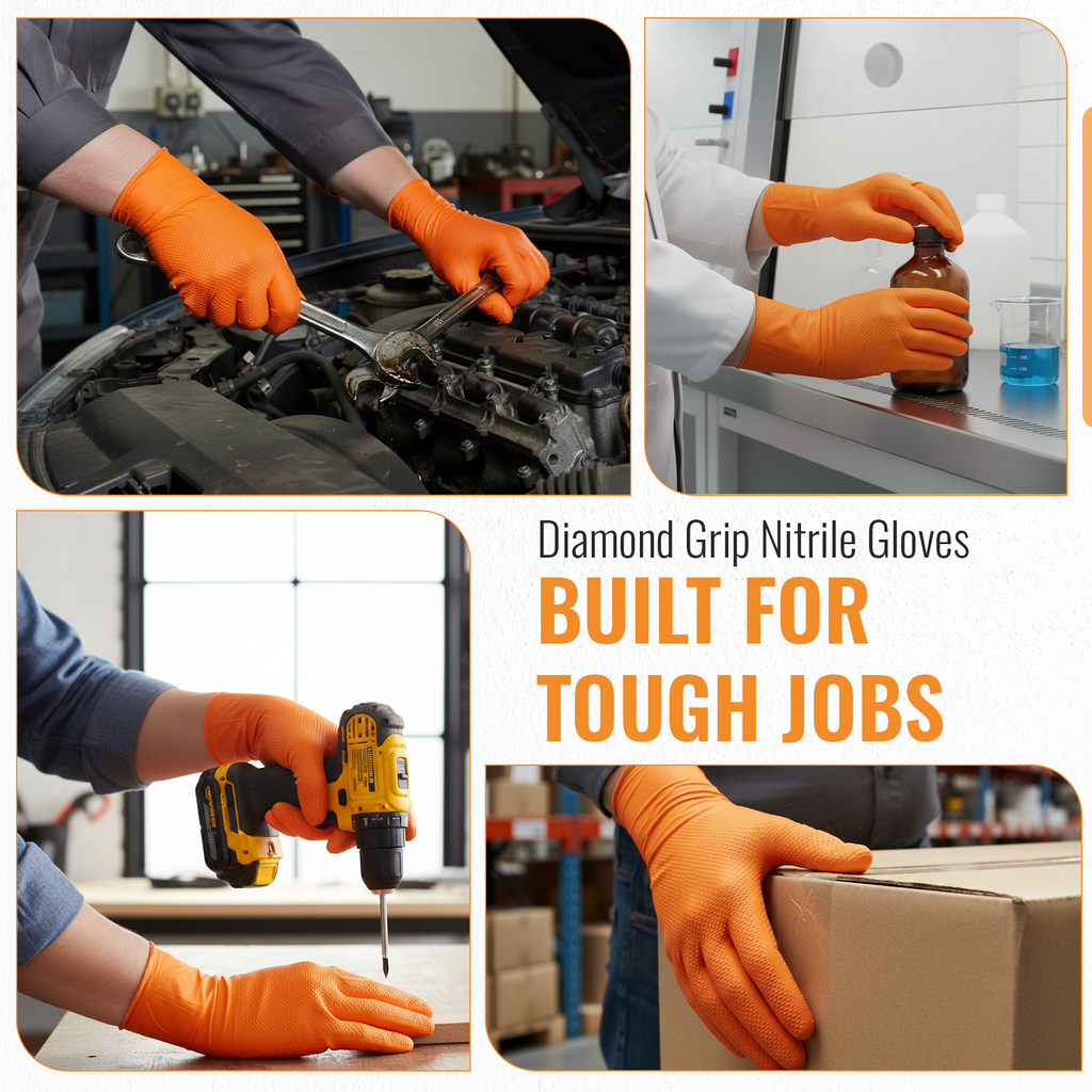 Nitrile Diamond Grip Gloves, Heavy Duty & Latex Free