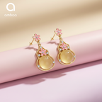 Peach Floral Drop Earrings, Gold Tone Dangle with Crystal & Bead Detail, 1 Pair
