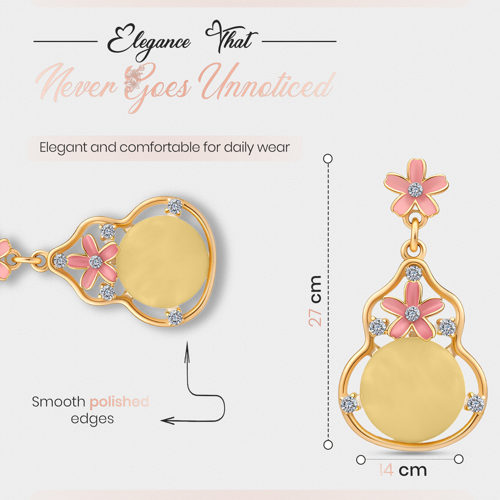 Peach Floral Drop Earrings, Gold Tone Dangle with Crystal & Bead Detail, 1 Pair