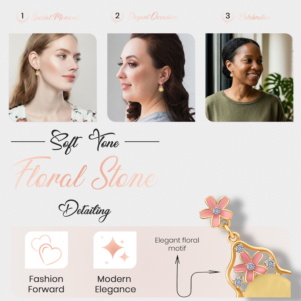 Peach Floral Drop Earrings, Gold Tone Dangle with Crystal & Bead Detail, 1 Pair