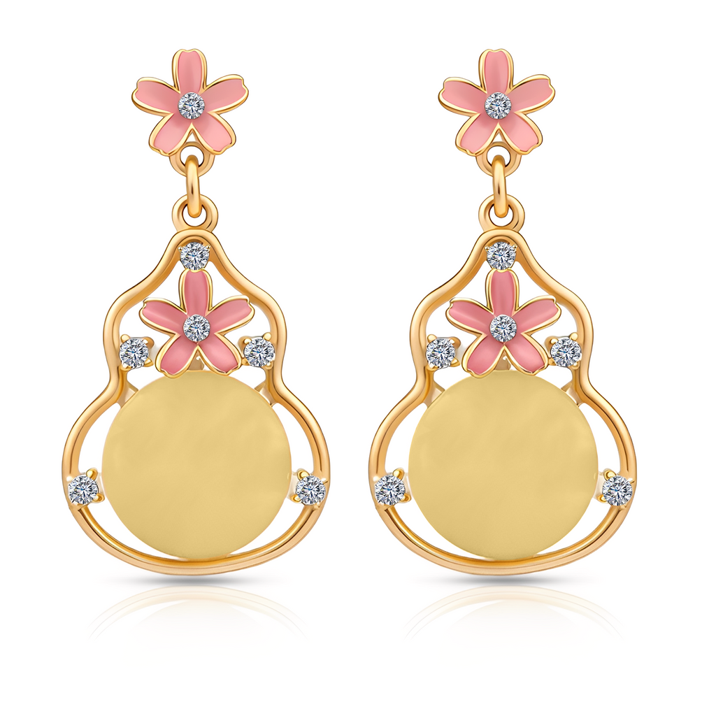 Peach Floral Drop Earrings, Gold Tone Dangle with Crystal & Bead Detail, 1 Pair