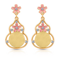 Peach Floral Drop Earrings, Gold Tone Dangle with Crystal & Bead Detail, 1 Pair