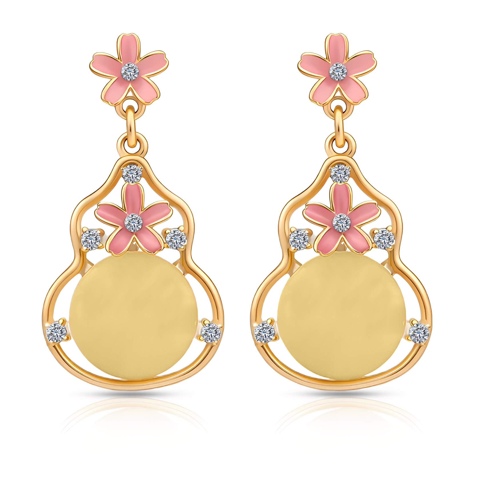 Peach Floral Drop Earrings, Gold Tone Dangle with Crystal & Bead Detail, 1 Pair
