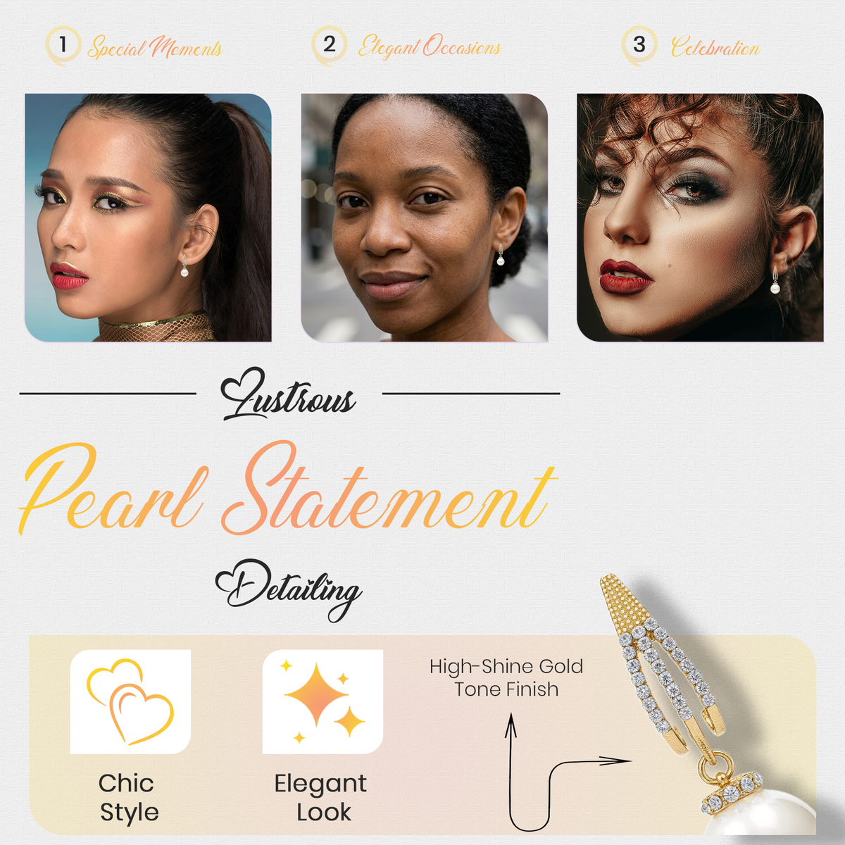 Pearl Statement Drop Earrings, Gold Tone Crystal Hoop Dangle, 1 Pair