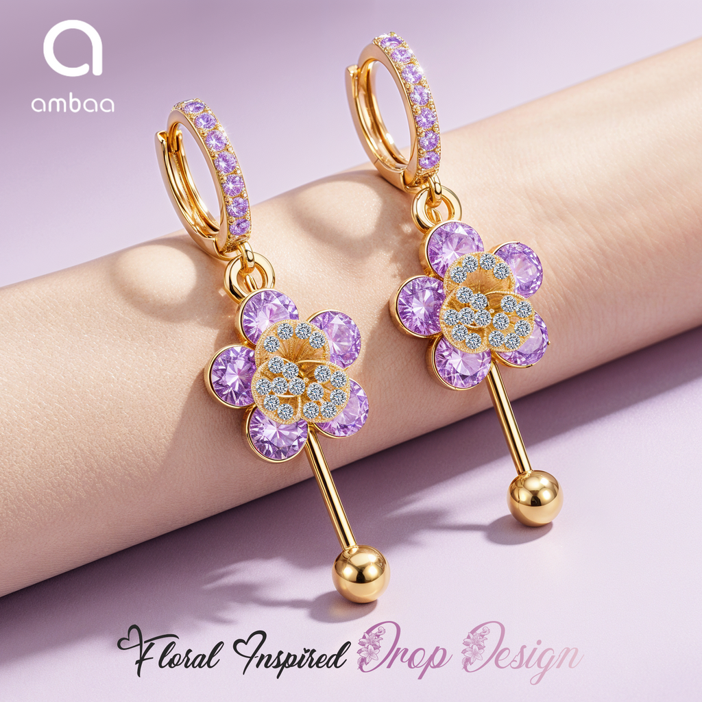 Pink Floral Crystal Drop Earrings, Gold Tone Dangle Design, 1 Pair