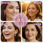 Pink Floral Crystal Drop Earrings, Gold Tone Dangle Design, 1 Pair