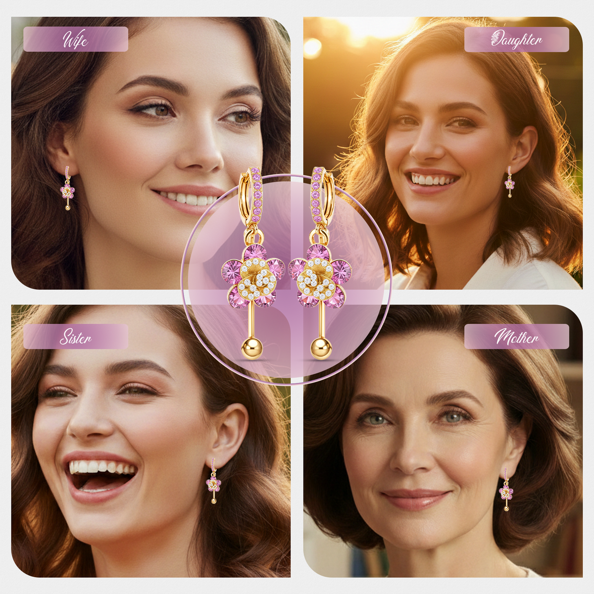Pink Floral Crystal Drop Earrings, Gold Tone Dangle Design, 1 Pair
