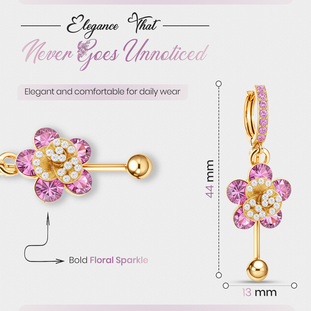 Pink Floral Crystal Drop Earrings, Gold Tone Dangle Design, 1 Pair