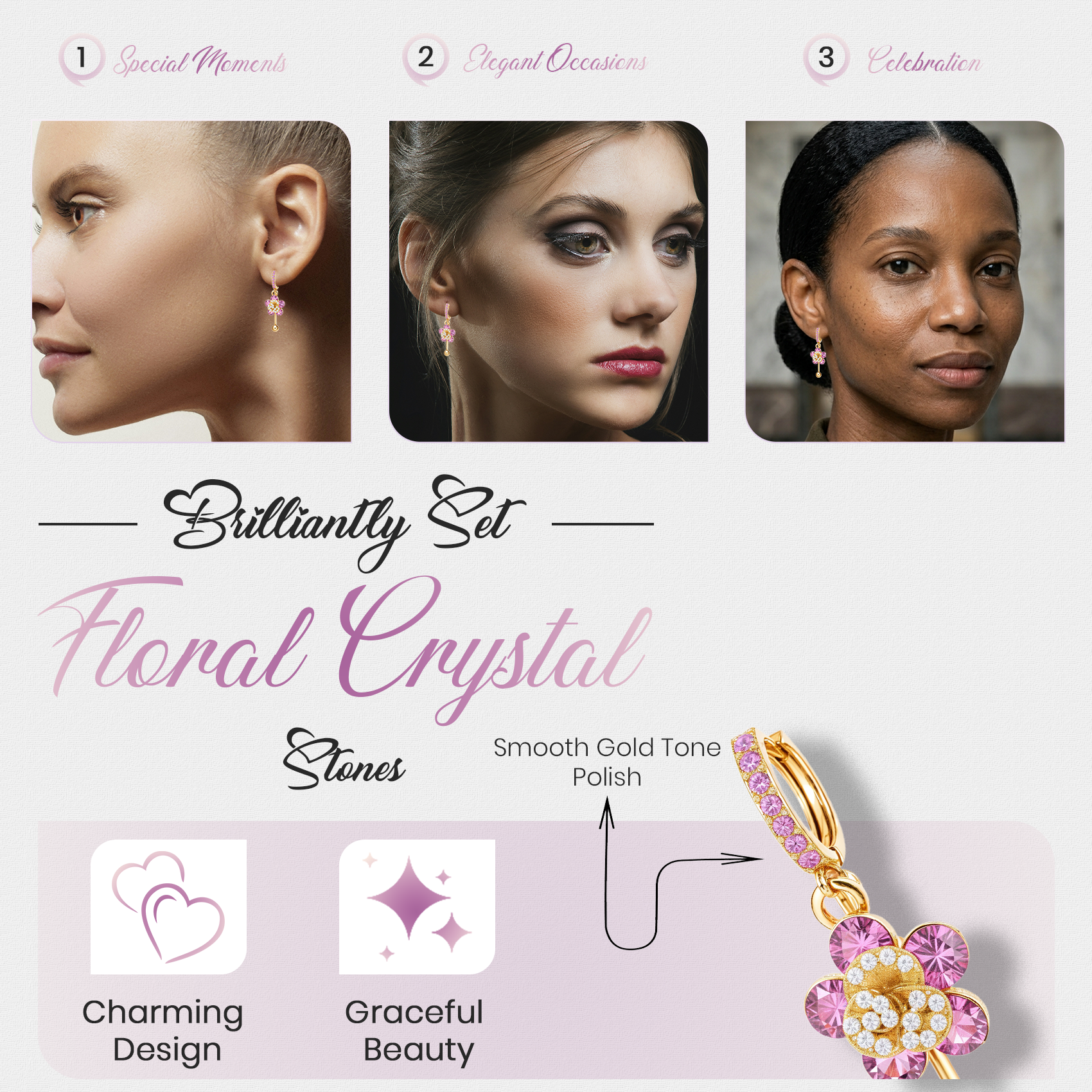 Pink Floral Crystal Drop Earrings, Gold Tone Dangle Design, 1 Pair