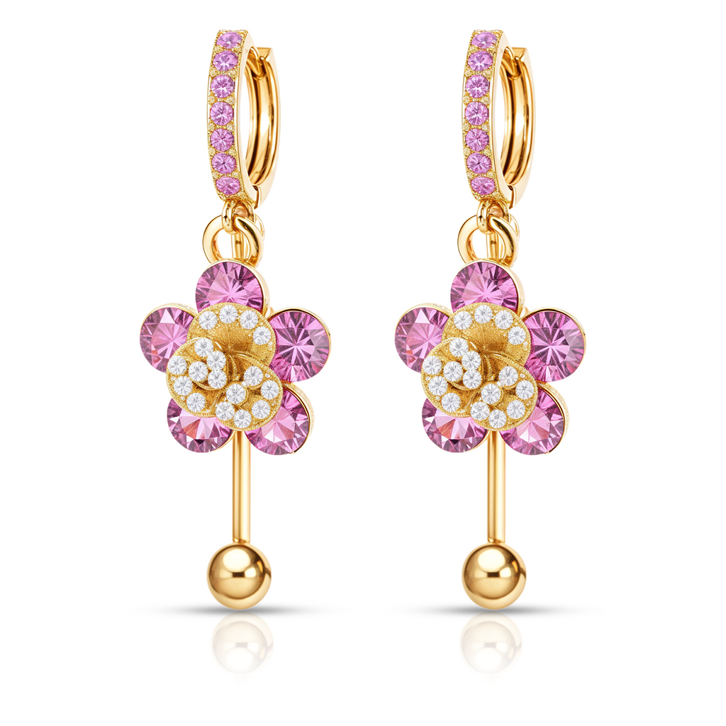 Pink Floral Crystal Drop Earrings, Gold Tone Dangle Design, 1 Pair