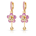 Pink Floral Crystal Drop Earrings, Gold Tone Dangle Design, 1 Pair