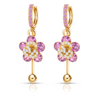 Pink Floral Crystal Drop Earrings, Gold Tone Dangle Design, 1 Pair