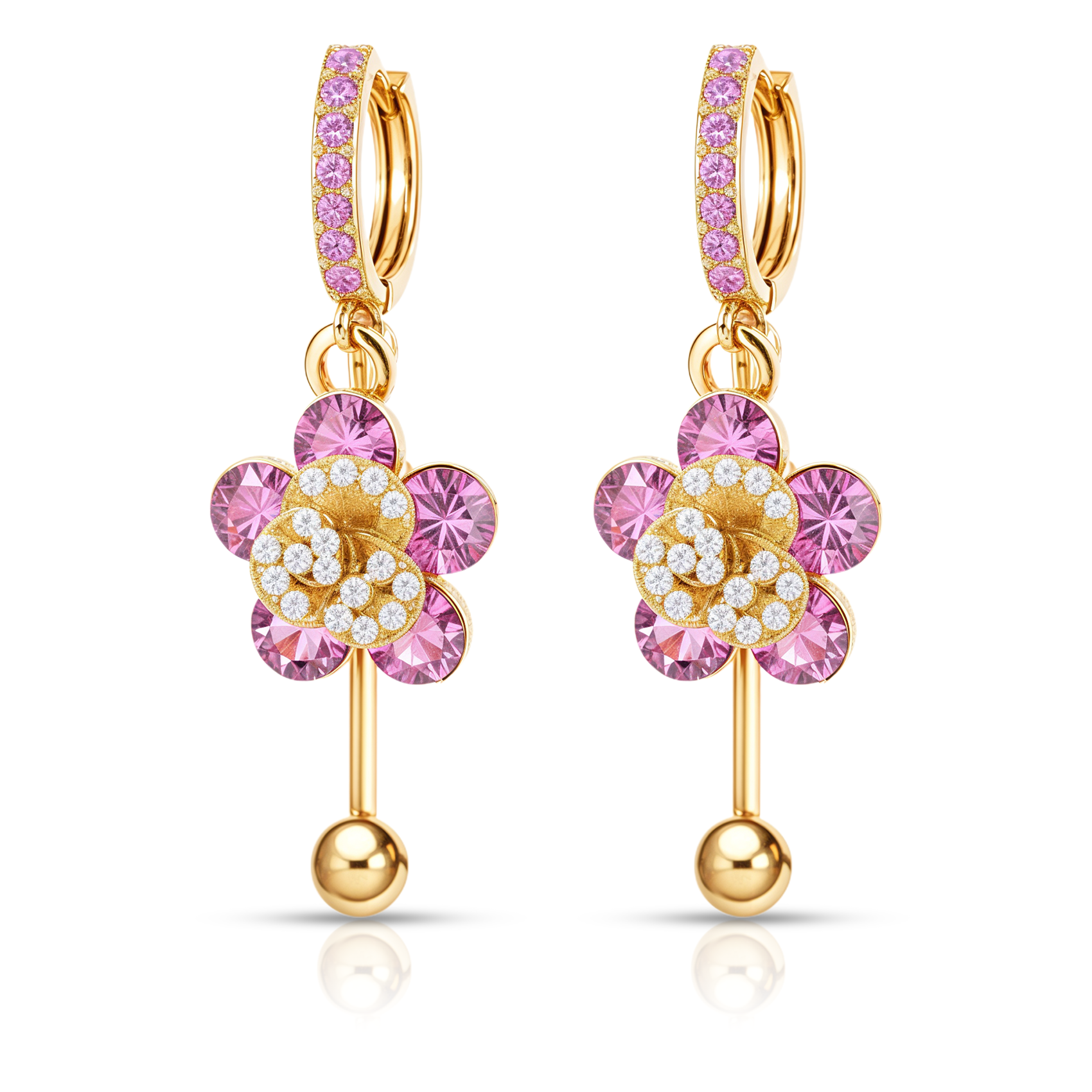 Pink Floral Crystal Drop Earrings, Gold Tone Dangle Design, 1 Pair